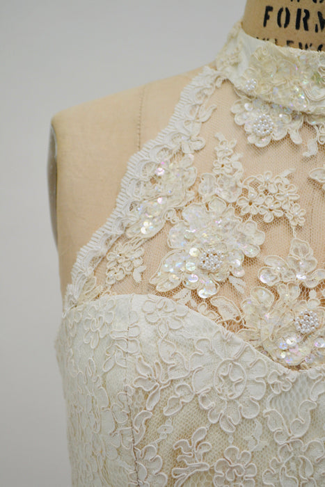 90s Vintage Off White Lace Beaded Party Wedding Gown Beaded Cream White Lace Jacket XS SMALL// Vintage Sequin Lace Wedding Dress Halter Neck