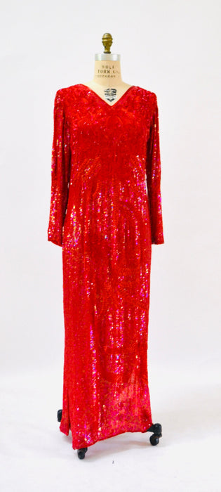90s Vintage Red Sequin Beaded Dress Evening Gown Medium Large// 80s 90s Glam Red Sequin Long Sleeve Dress Beauty Pageant Showgirl Gown
