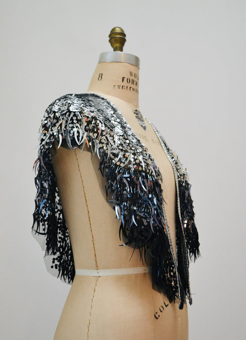 Vintage Silver Black Beaded Fringe Shawl Wrap Burlesque Wedding Flapper Silver Wedding Metallic Beaded Vintage Fringe Colla Shawl Sharmark
