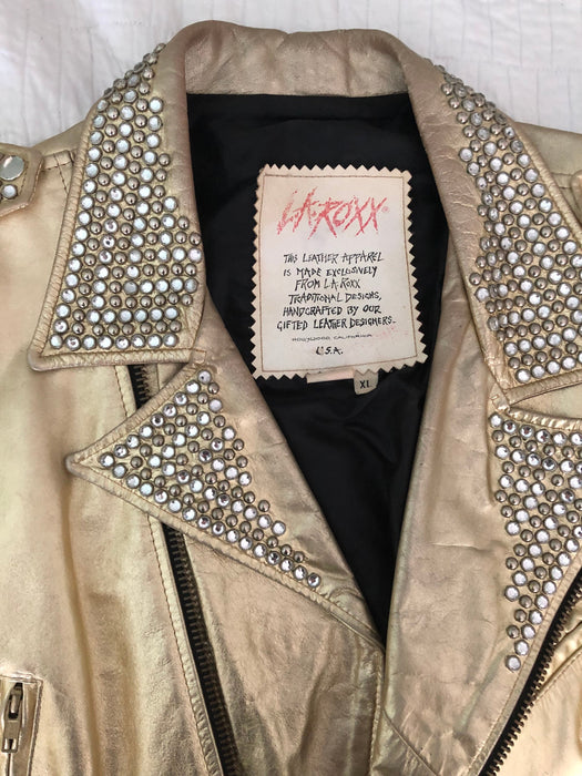 Amazing Vintage Gold Leather Biker Jacket with Rhinestones Gold Studs Large XL// Metallic Studded Gold Leather Moto Jacket LA ROXX