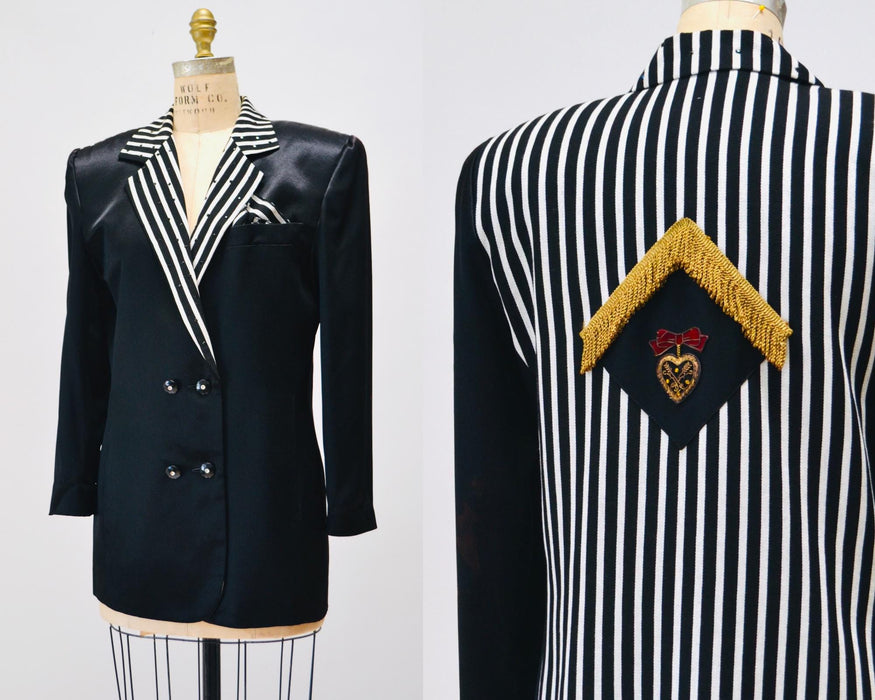 90s Vintage Black White Striped Party Jacket Blazer Medium by Criscione //  90s Black Satin Military Heart Rhinestone Party Jacket Blazer
