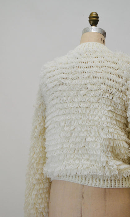 70s Vintage Cream White Loop Knit Shag Sweater Cardigan Small Medium Vintage Wedding Faux Fur Sweater Cardigan by J Gallery White Sweater