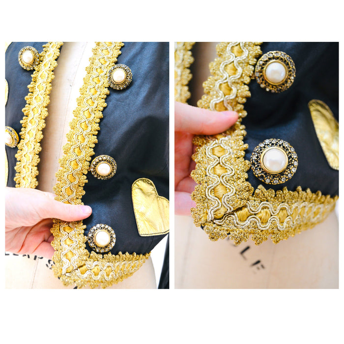 90s Vintage Moschino Peace LOVE NOW Leather Jacket Vintage Black Gold Metallic Leather Heart Jacket by Moschino Leather Medium