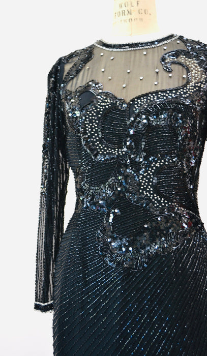 80s 90s GLAM Vintage Black Beaded Sequin Party Cocktail Dress Small Medium by Nighline Black Silk Long Sleeve Party Pageant Sequin Dress