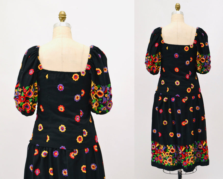 70s 80s Vintage Embroidered Boho Shirt Skirt Dress Set Small Black Cotton Floral Boho Shirt Skirt Embroidered Floral Dress Sara Fredericks