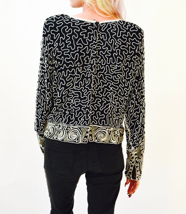 80s 90s Vintage Beaded Sequin Shirt Top Black White Silver Medium Large Art Deco Flapper Inspired Beaded Top Shirt Judith Ann Creations