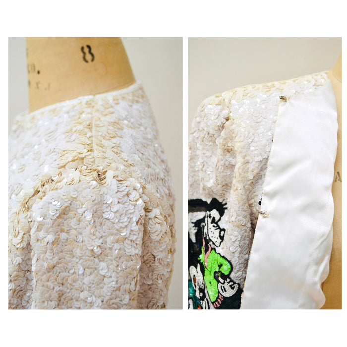 Vintage Jeanette Kastenberg Platinum Beaded Jacket Disney Mickey Minnie Mouse Donald Duck Beaded Bolero Jacket Comic Cartoon Medium Large