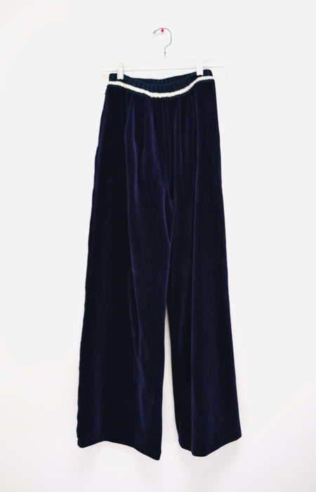 Vintage 90s Sonia Rykiel Navy Blue Velvet Velour Track Suit Nautical Beach Loungewear Sweat Shirt Sweatsuit Wide leg Pants Made in Paris