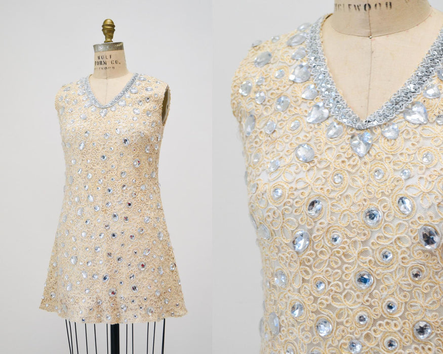 60s 70s Vintage Metallic Cream Lace Rhinestone Dress Small Medium// 60s 70s Vintage White Silver Gold Lace Party Wedding Rhinestone Dress