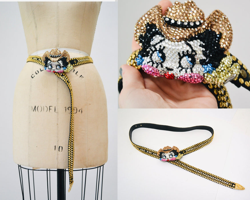 90s Vintage Katherine Baumann Beverly Hills Swarovski Crystal Betty Boop Belt Buckle Rhinestone Studded Belt Cartoon Betty Boop Belt Kippys