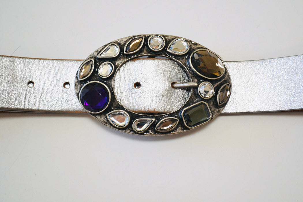 Y2K 2000s Just Cavalli Silver Leather Belt Rhinestone Crystal Belt Buckle Silver Leather Studded Belt Buckle 33-37" Roberto Cavalli Belt