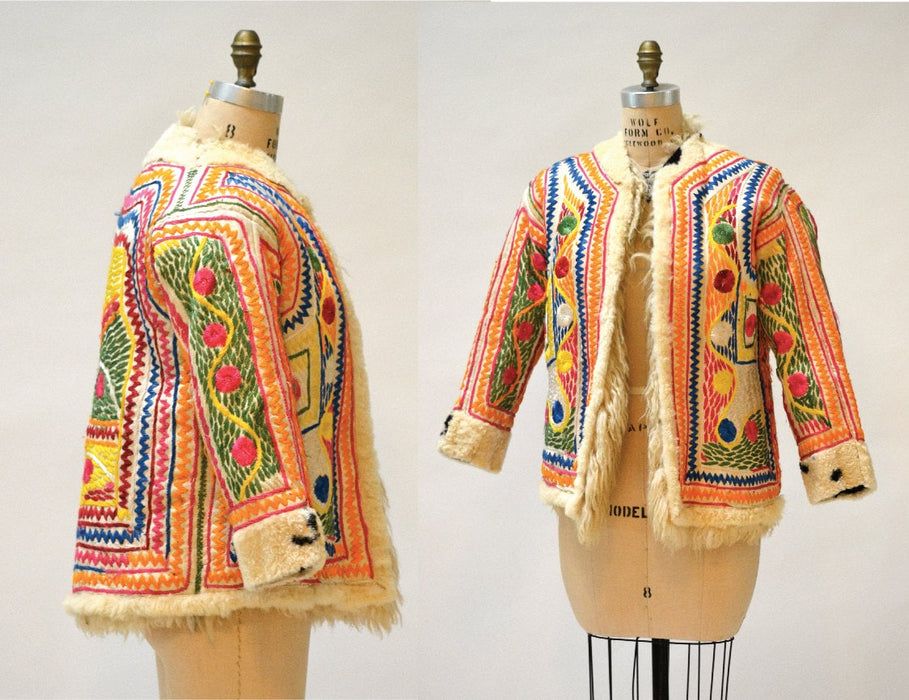 Vintage Embroidered Shearling Afghan Jacket Coat Medium Large penny lane //  70s Shearling Coat Embroidered Sheepskin Fur Boho Afghan Jacket