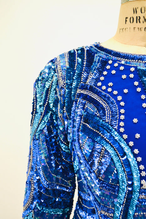 Vintage 80s 90s Blue Metallic Sequin Shirt Small Medium Blue silver Metallic// Vintage 80s Glam Sequin Shirt Long Sleeve blue Sequin Top