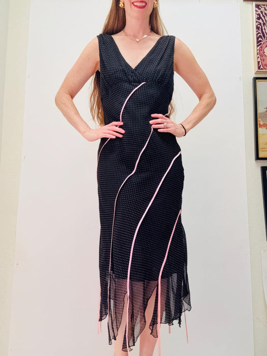 Vintage 00s Y2K Bias Cut Silk Dress Black Pink Dress polka dot Chiffon Tank Dress Medium Large// 90s Black Tank Slip Party Dress Medium