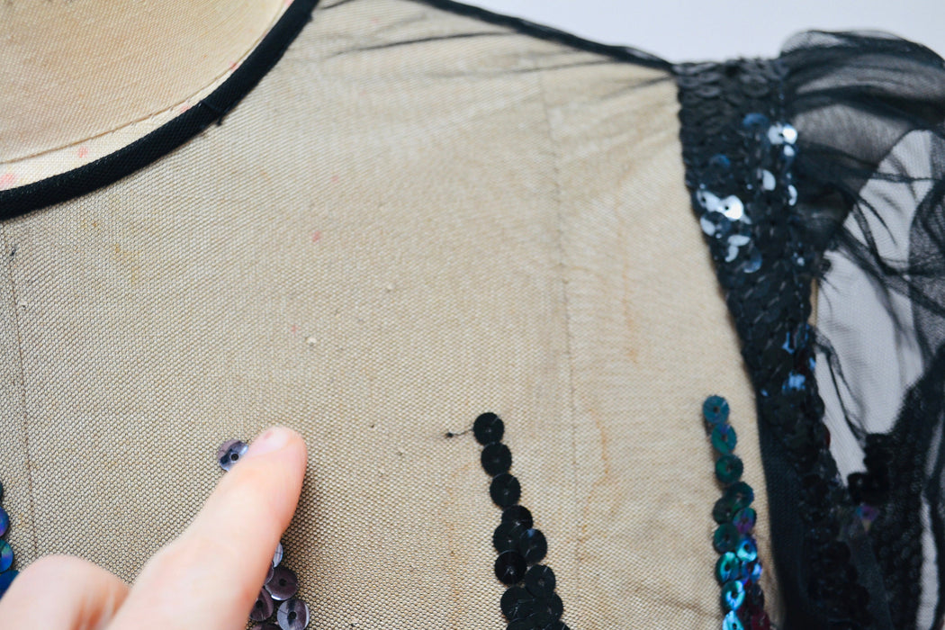 Vintage 80s Black Sheer Sequin Dress by Victor Costa Small// 80s Black Metallic Sequin Prom Party Dynasty Dress Long Sleeve Ruffle Skirt