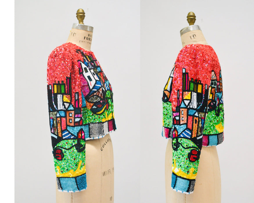 90s Vintage Jeanette Kastenberg Platinum Sequin Picasso Romero Britto Brazilian Miami Cubism Inspired Red Sequin Beaded Jacket Medium