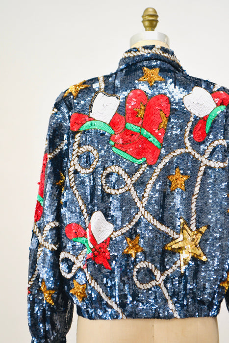 80s 90s Vintage Sequin Jacket Large Blue Metallic Gold Stars Rodeo Rhinestone Cowboy Cowgirl Sequin Jacket USA America Stars Rodeo Modi