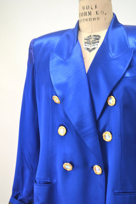 Vintage 80s 90s Cobalt Blue Satin Suit Jacket Blazer 90s Blue Barbie Power Suit Medium Large Rhinestone Buttons// 90s Glam Jacket  Criscione