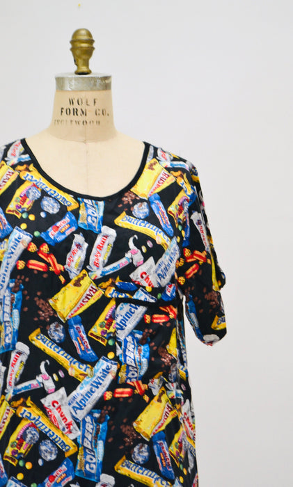 90s Vintage Nicole Miller Silk Shirt Size Large with Chocolate Candy Bar Food Print// 90s Pop art Conversational Print Silk Shirt