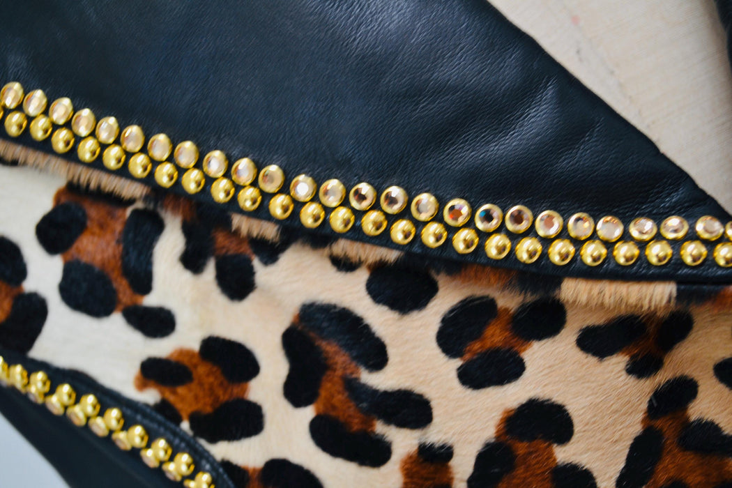 80s 90s Vintage Studded Black Leather Animal Print Vest Gold Leather Vest By Kippys XL Large Gold Studded Animal Print Black Leather Vest