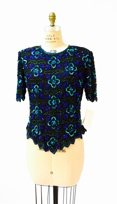 Vintage Black Sequin Shirt top Large XL Black blue beaded shirt // 80s Vintage Metallic Sequin Top Black Art Deco Flapper Laurence Kazar