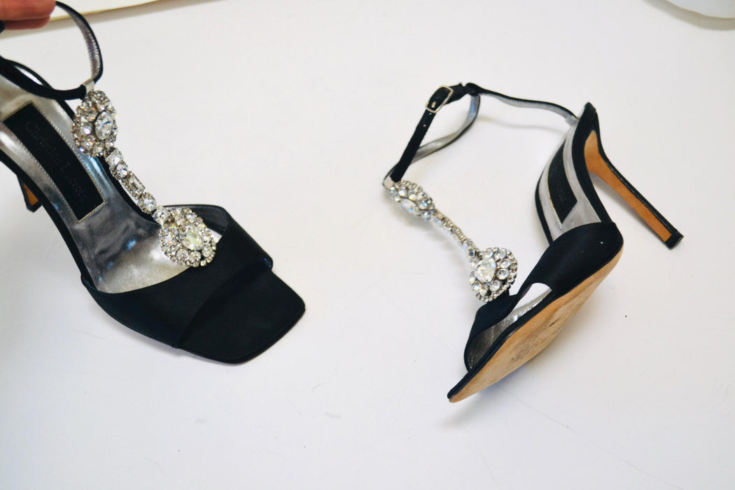 Vintage 00s Black Rhinestone High Heel Sandals Size 7 37 By Christian Lacroix 90s Rhinestone High Heel Sandals Strapy Wedding Shoes
