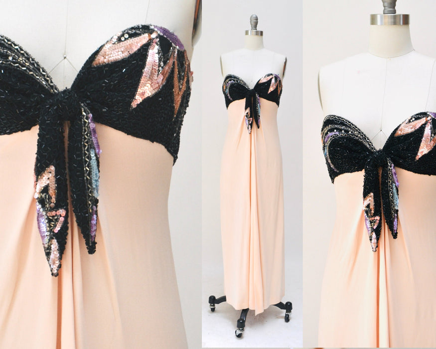 80s 90s Vintage Silk Sequin Gown Dress XXS XS By Bob Mackie Silk// Vintage Wedding Silk Pink Peach Black Gown Sequin Strapless Silk Dress