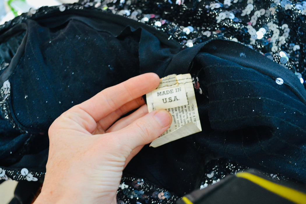 80s Glam Sequin Dress Silver Black Medium Large Body Con Knit Dress // 80s Prom Party Vintage Metallic Sequin Dress Drag Queen Pageant