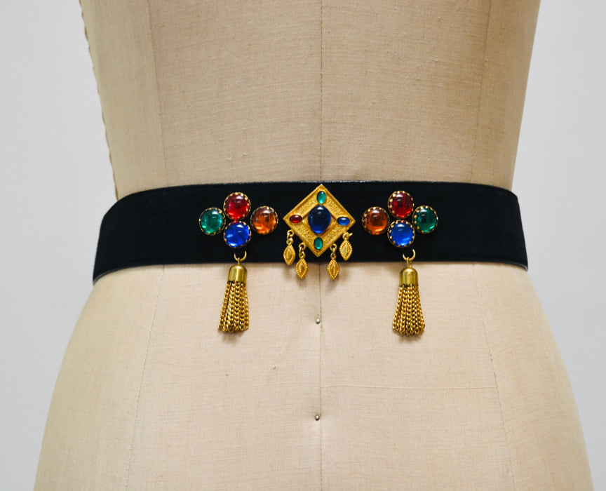80s 90s Vintage ESCADA Black Gold Gemstone Belt Metallic Chain Fringe Black Leather Belt size 42 Medium Large 80s Glam Wide Black Gold Belt