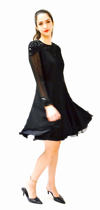 90s Vintage Black Silk Party Dress Black Sequin Beaded Dress Small Medium// 90s Prom Party Vintage Black Sequin Dress Long sleeve Dress