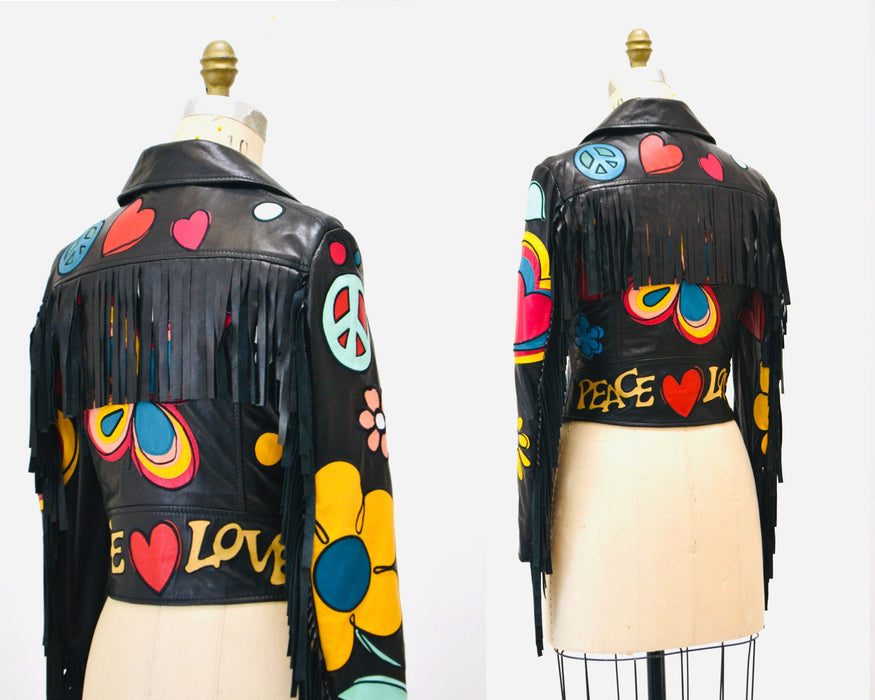 2000s Black Leather Jacket by Moschino with Fringe Make love Not War Heart Flowers Peace Small Medium// Black Leather Biker Fringe Jacket