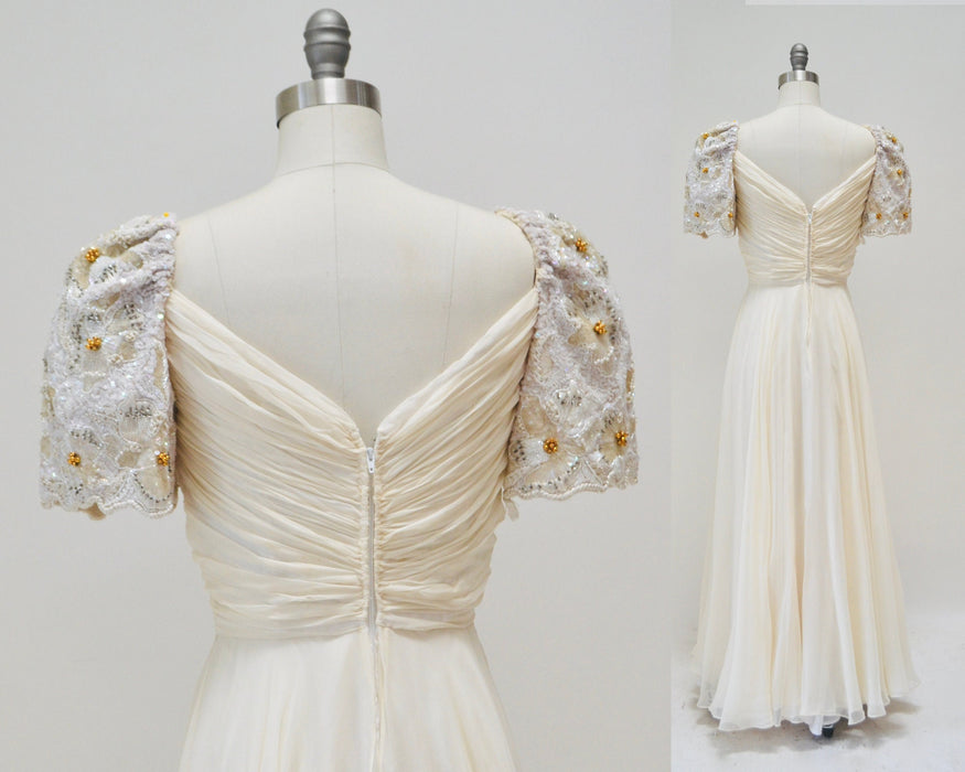 70s 80s Vintage Cream White Silk Chiffon Sequin Beaded Gown Dress XS Small Richilene// Vintage Silk Conservative Wedding Gown Beaded sequin