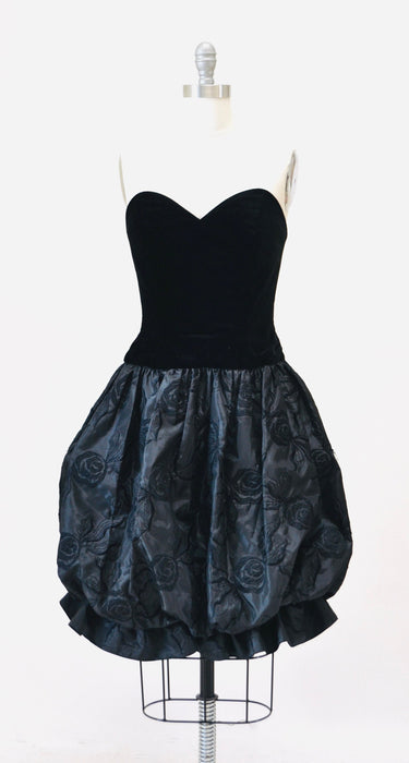 80s 90s Black Strapless Party Dress Vintage Velvet Coctail Party Strapless Dress XS Small By Fred France Paris Black party Dress Small