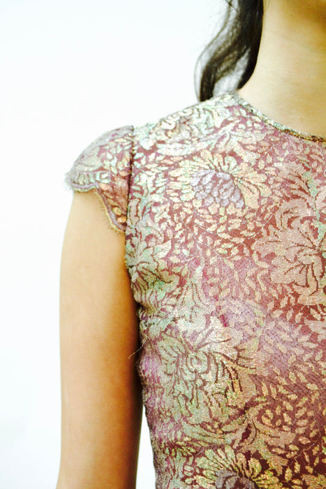 90s 00s Vintage Pink Lace Silk Bias Cut Dress Small Wedding Party Gown// 90s 00s Bias cut Gown Long Dress Metallic Lace Butterfly Print