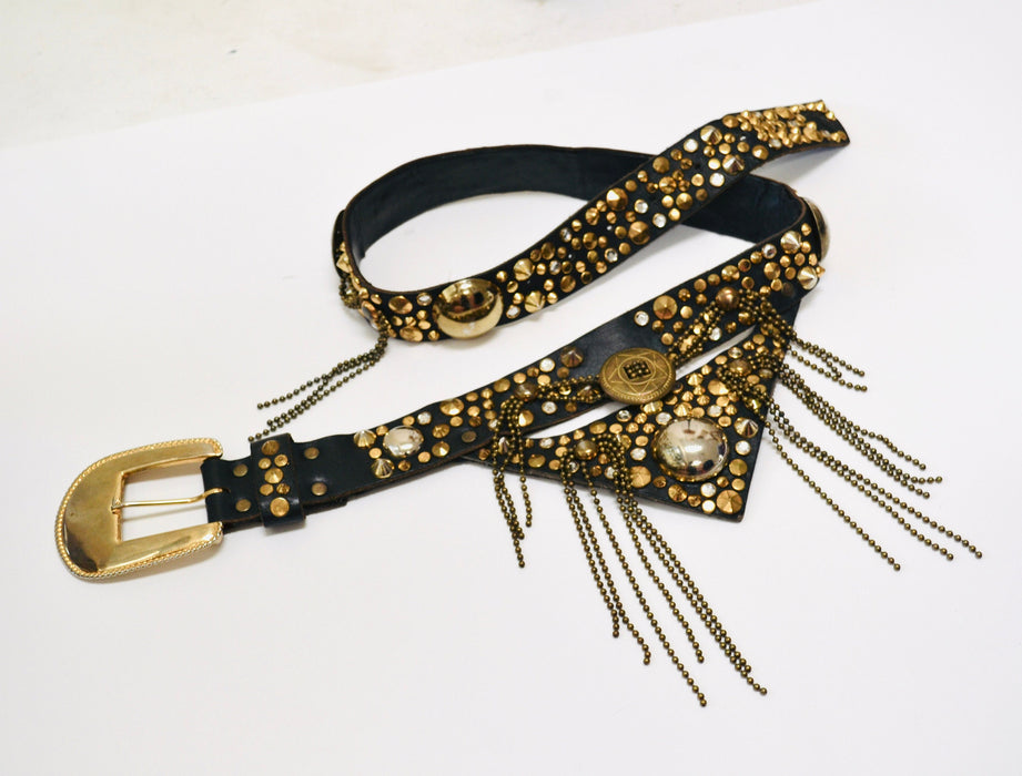 80s Vintage Black Gold Studded Rhinestone belt by Michael Morrison Black Leather Gold fringe Metallic Belt Rockstar Belt Medium large