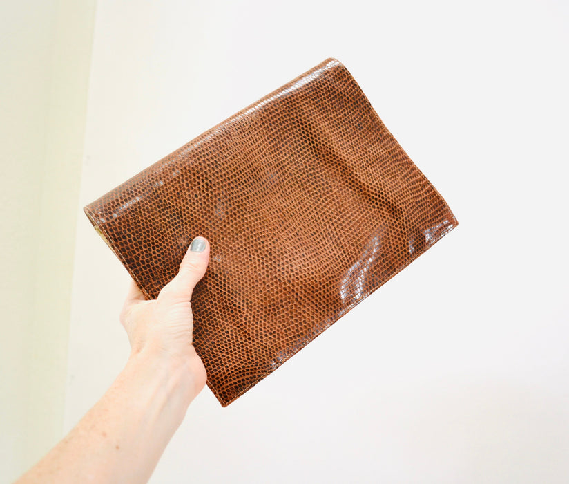 70s Vintage Brown Leather Envelope Bag Clutch Brown Tan Leather Snakeskin Shoulder Bag// Brown Patent Leather Snake Skin Bag Purse