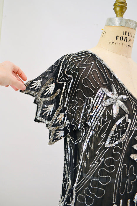 70s 80s Glam Vintage Black Silver Sequin Top Shirt Small Medium Art Deco Flapper Disco Inspired Metallic Sequin Top Silver Black Silk