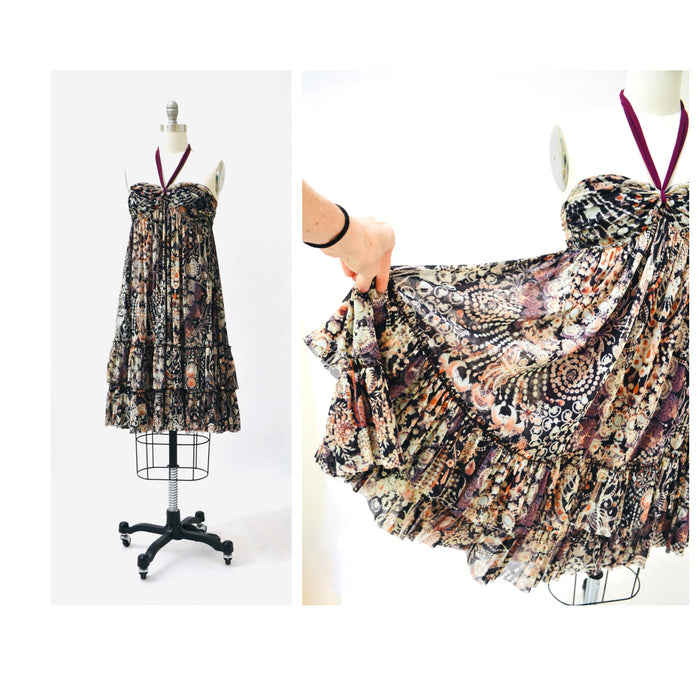 RARE 90s 00s Vintage Jean Paul Gaultier Soleil Sleeveless Mesh Dress Small Made in Italy Halter Neck Jewelry Jewel Print Babydoll Dress