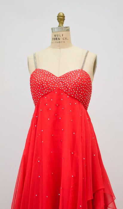 Vintage 70s Red Rhinestone Evening Gown Party Dress Chinese Wedding Dress 1970s Red Ruffle Dress with Rhinestones Empire Waist