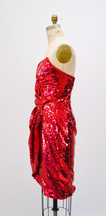 80s Prom Dress Red Sequins Small Medium// Vintage 80s Pageant Dress Red Sequin Strapless Dress 80s Metallic Prom Party Red Sequin Dress