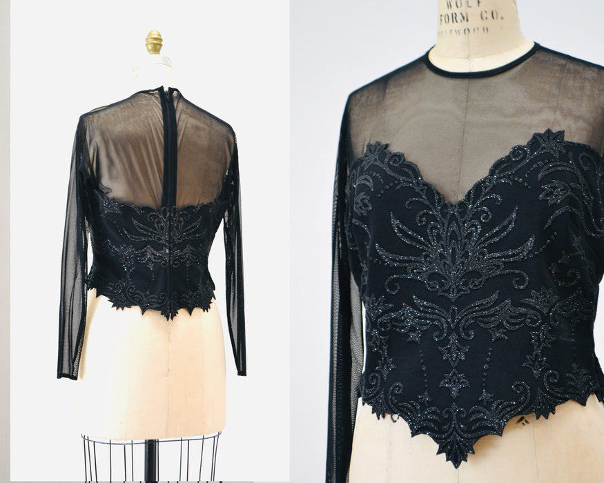90s Vintage Sheer Black Velvet Top 90s Party Sheer long Sleeve Top Medium Large // 90s Sheer Mesh Velvet Party Shirt Tadashi Inspired Top