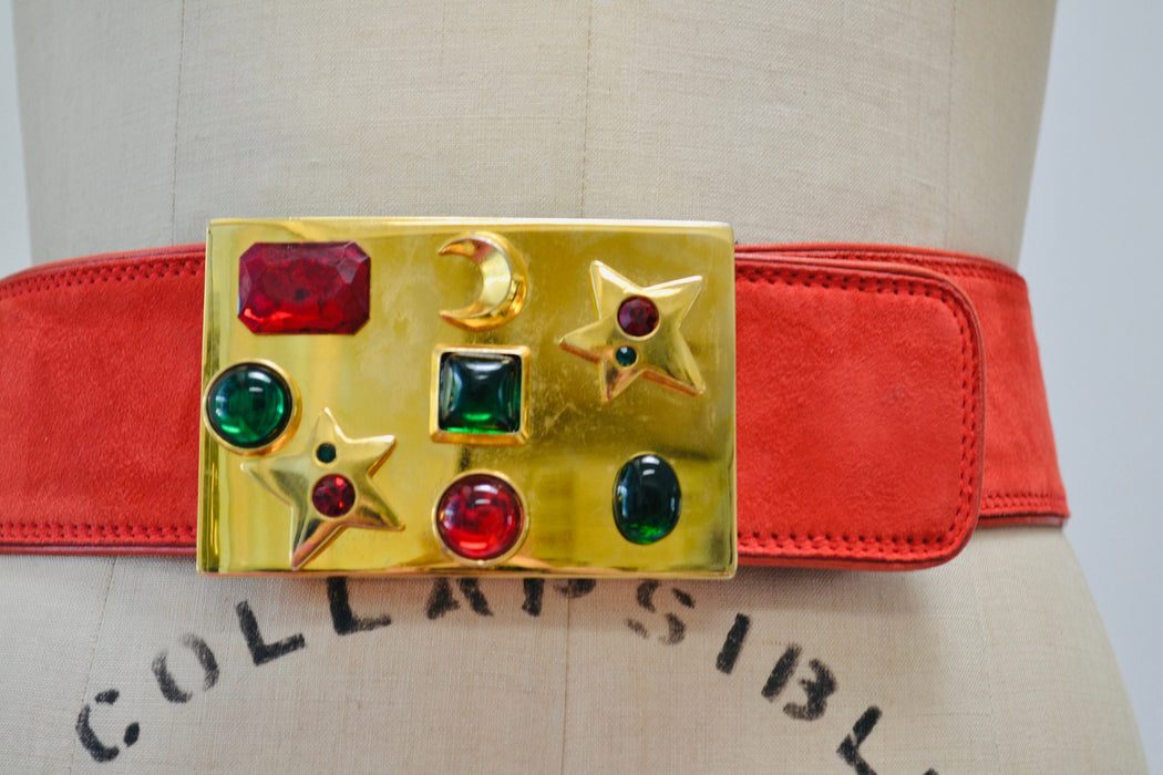 80s 90s Vintage ESCADA Red Gold Gemstone Belt Metallic Wide red Leather Belt size 42 Medium Large 80s Glam Wide Red Gold Belt