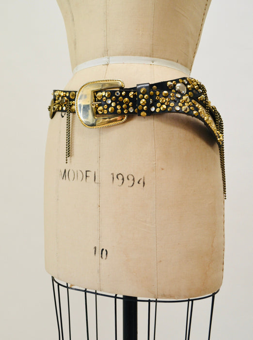 80s Vintage Black Gold Studded Rhinestone belt by Michael Morrison Black Leather Gold fringe Metallic Belt Rockstar Belt Medium large
