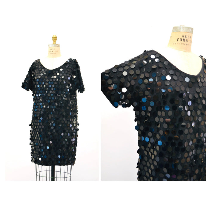 80s 90s GLAM Vintage Black Sequin Shirt Tunic Dress Large Fringe Sequin Beaded Pallet Sequin Top 80s 90s Party Top Cocktail Dress Large