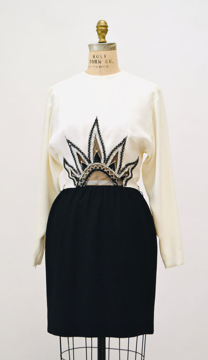 80s 90s Vintage Bob Mackie off White Cocktail Party Dress Beaded Sequin Dress Vintage Long Sleeve Cream Wedding Party Dress Small Cher Dress