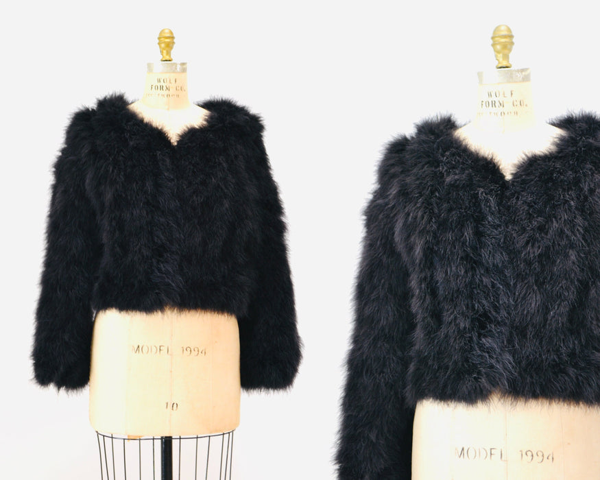 90s Vintage Black Feather Jacket Marabou Feather Jacket Coat Medium Large // Vintage 90s Black Feather Jacket Vintage Glam party Jacket