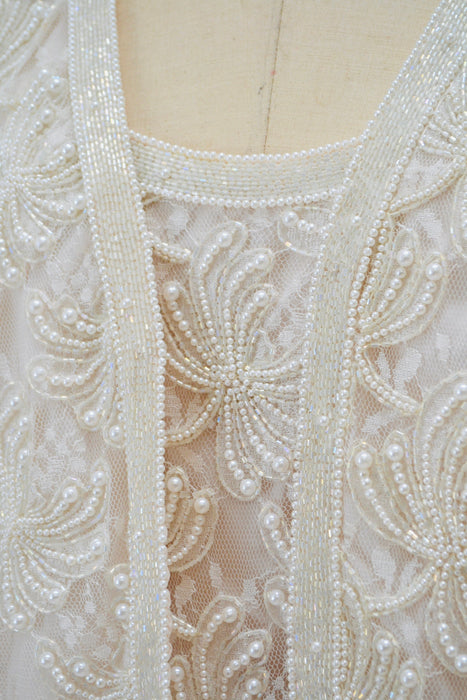 90s Vintage Cream White Lace Beaded Party Wedding Gown Beaded Pink White Lace Jacket Large// Vintage Beaded Pearl Lace Wedding Dress large