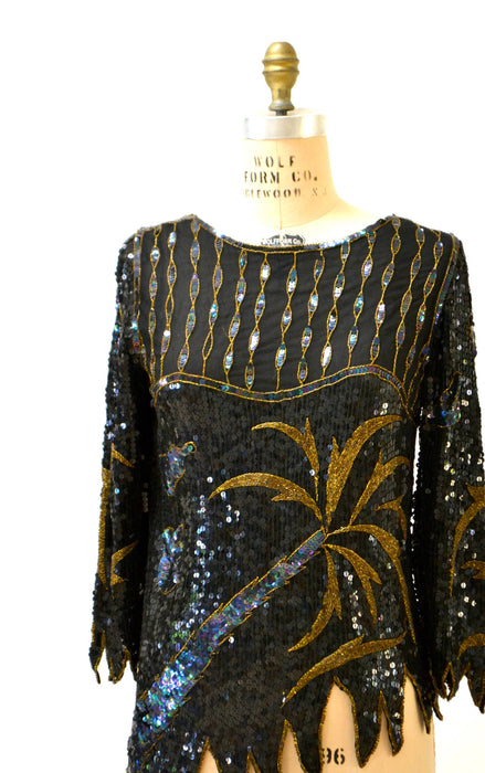 Vintage Metallic Sequin Shirt Black Art Deco Flapper Inspired Gold Palm Tree // 80s Vintage Beaded Shirt Top Black Sequins Small