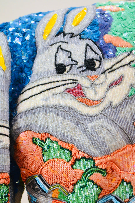 90s Vintage Jeanette Kastenberg Platinum Sequin Jacket Looney Tunes Bugs Bunny Warner Brothers Cartoon Comic Carrot Vegetarian Beaded Jacket