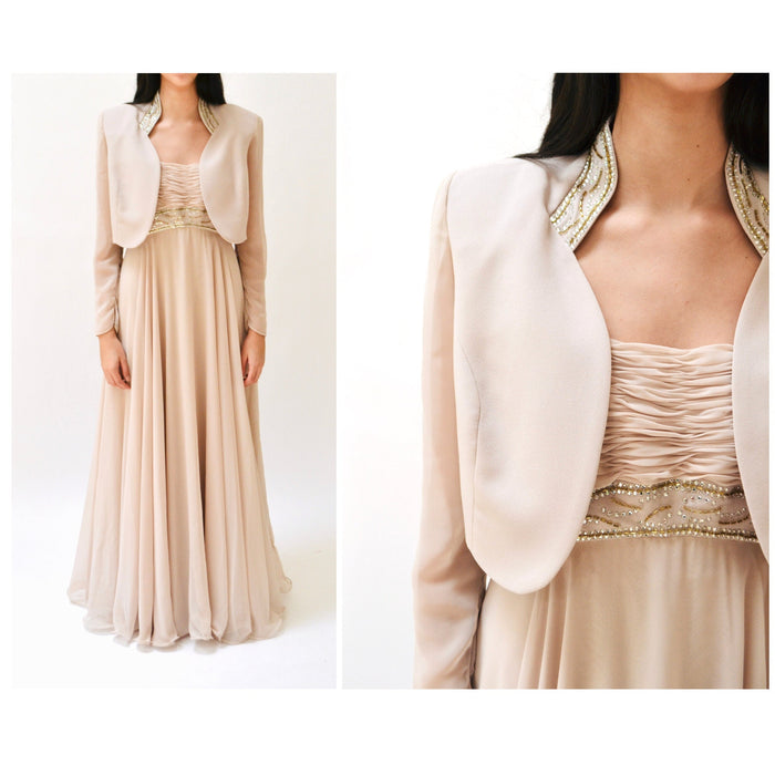 90s Vintage Wedding Party Tan Nude Evening Gown Jacket Rhinestone Beaded Dress Small Medium// Rose Taft Mother Of the Bride Wedding Dress